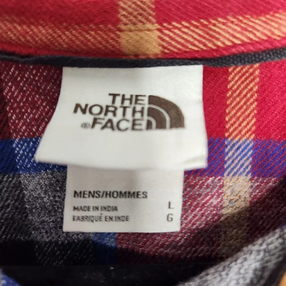 THE NORTH FACE Mens Button Down Plaid Blue Red Flannel Shirt Large Long Sleeve